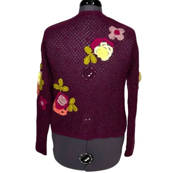 Vintage Crochet Floral Cardigan Purple Appliqué Boho Cottagecore Sz M - Picture 4 of 13